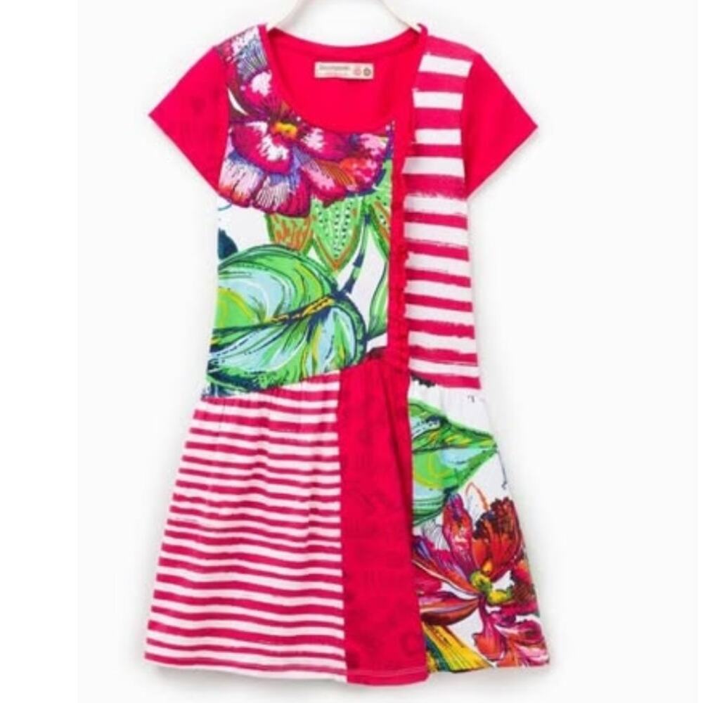 Desigual Mixed Print Dress Girls Size 11/12 Red Stripe Tropical Floral Sequins